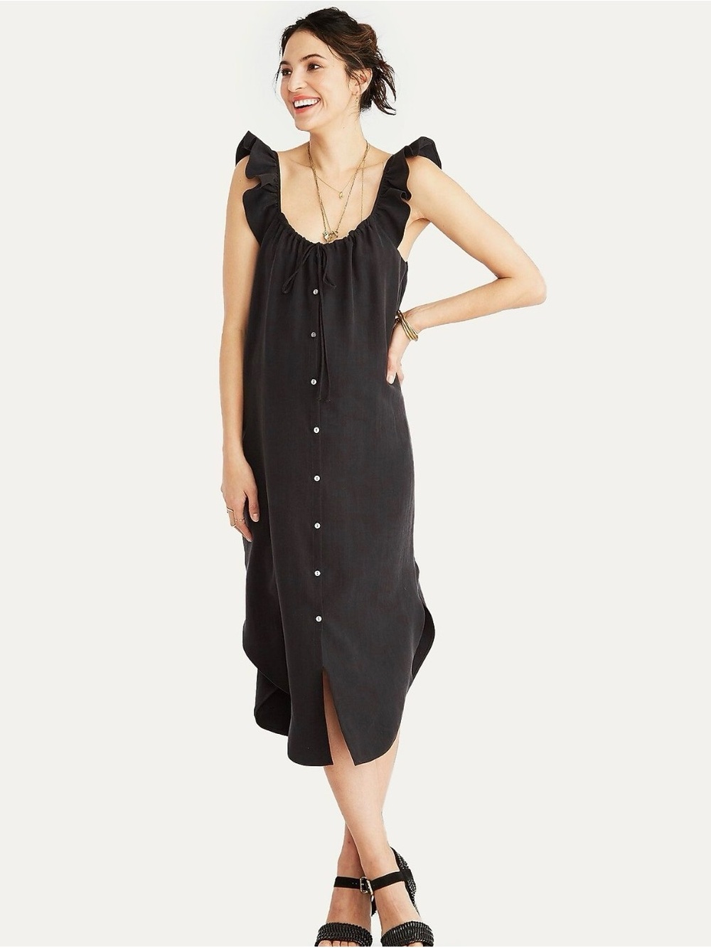 Hatch Black Ruffle-Shoulder Midi Dress